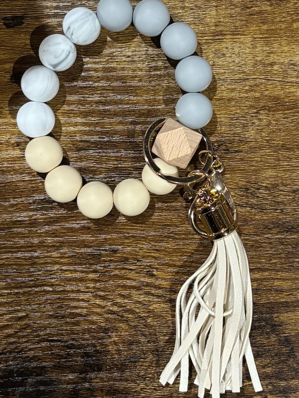 Silicone Bead Wristlet Keychain Marble Grey Wood Accent Fringe Tassel Gold Tone